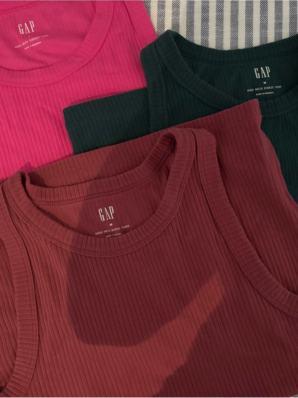GAP Women Ribbed Tank Trio in Hot Pink, Dark Green & Burgundy